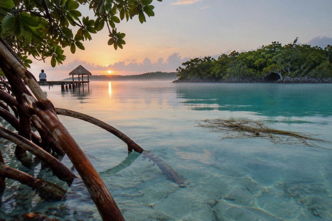 Still turquoise water of Bacalar Lagoon with mangroves along the far shore at dawn