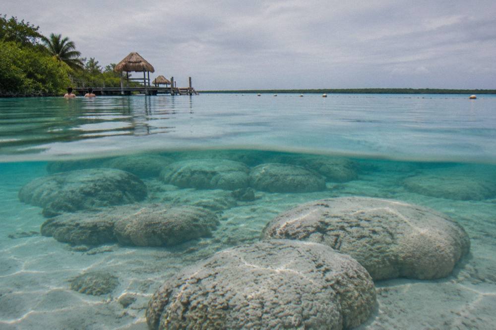Shallow turquoise channel of clear water with submerged rock formations along the edges