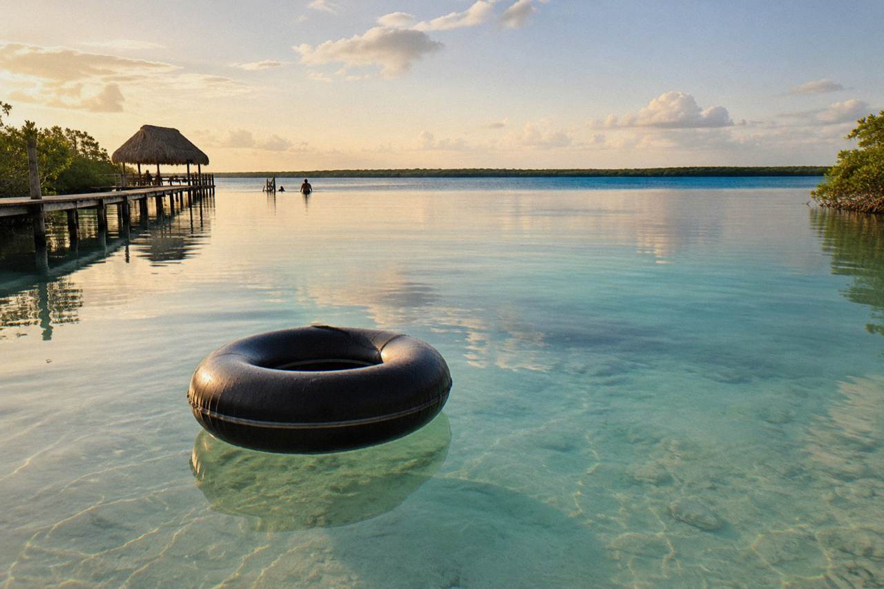 Calm turquoise water of a shallow lagoon channel reflecting morning sky