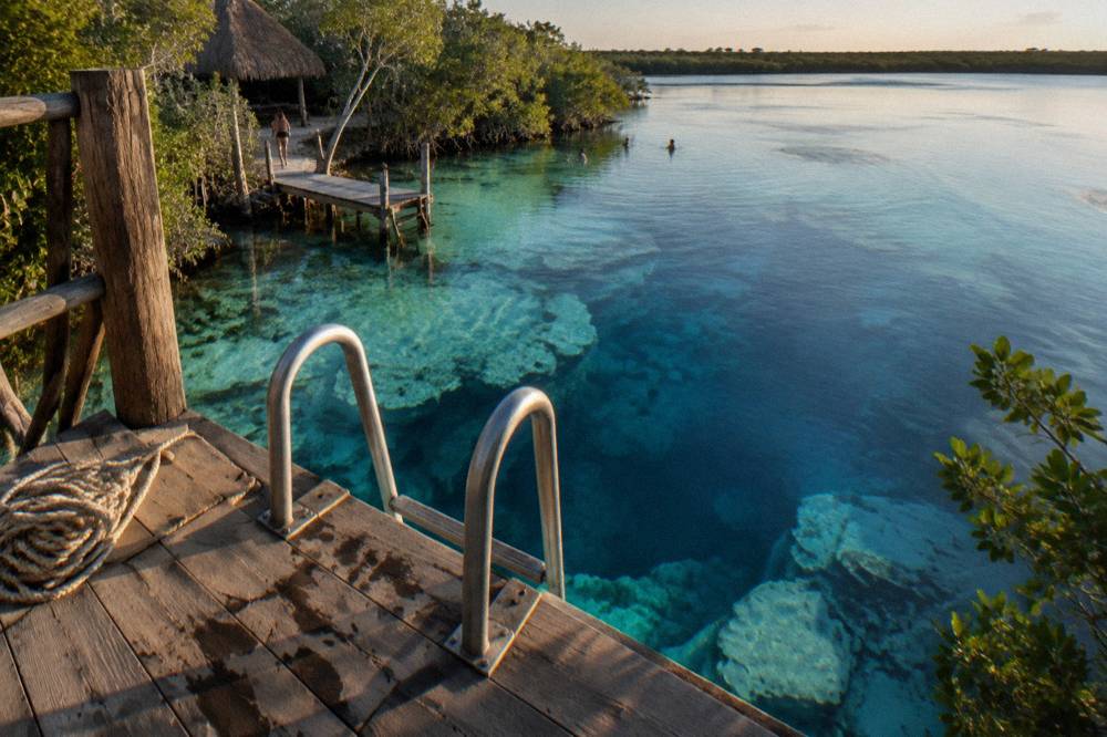 A wooden platform and ladder leading into deep blue cenote water below tall trees