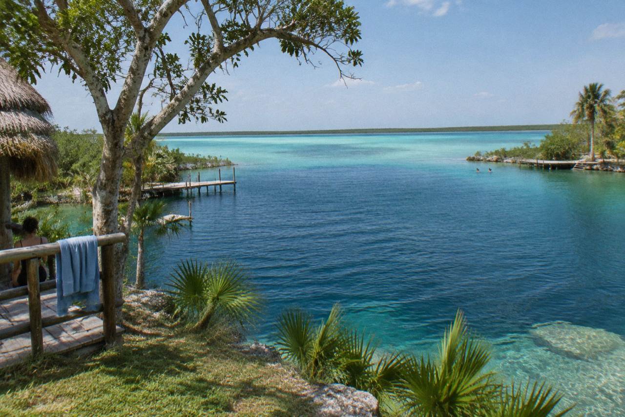 A deep blue open-water cenote ringed by green trees under a bright sky