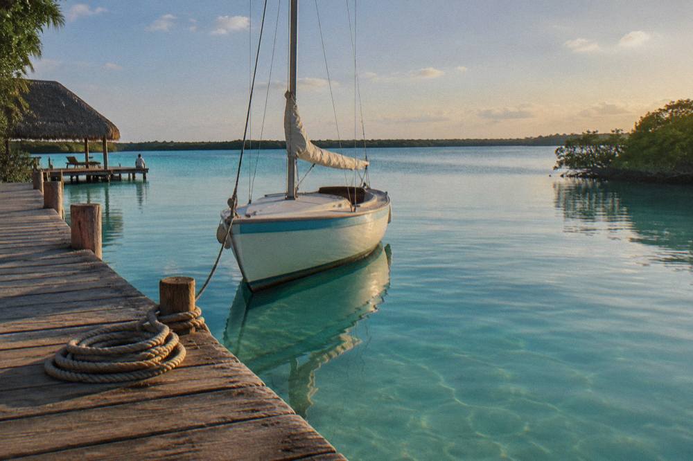 Small sailboat moored at a wooden pier on still blue lagoon water