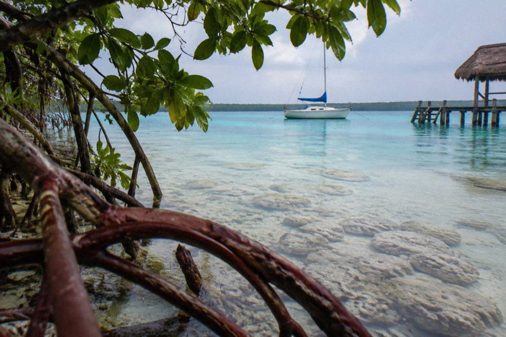 Small sailboat anchored over pale sand shallows with mangrove trees on the horizon