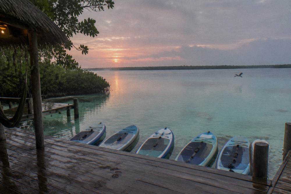Paddleboards lined up on a dock at sunrise over still Bacalar Lagoon