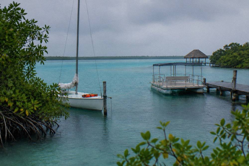 A small sailboat and a pontoon boat floating on clear turquoise water near a mangrove shoreline