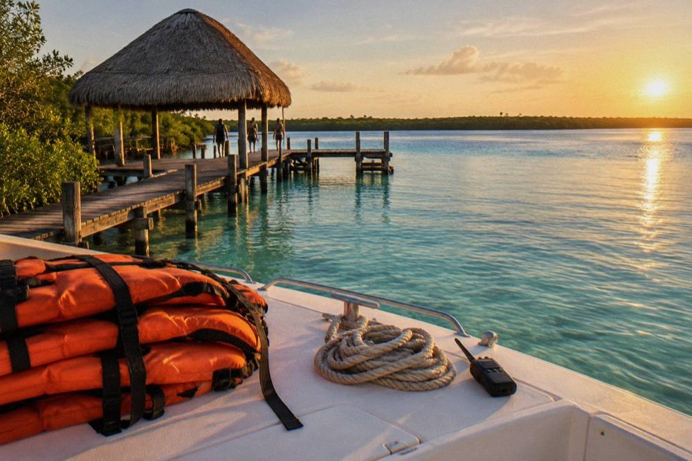 Life jackets and safety gear stowed on the deck of a small tour boat moored at a wooden pier