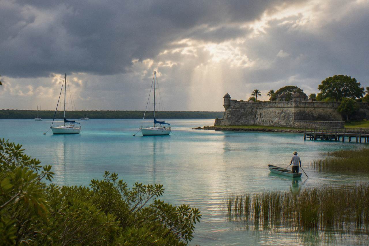 Turquoise water of Bacalar Lagoon under morning light with sailboats near the shore
