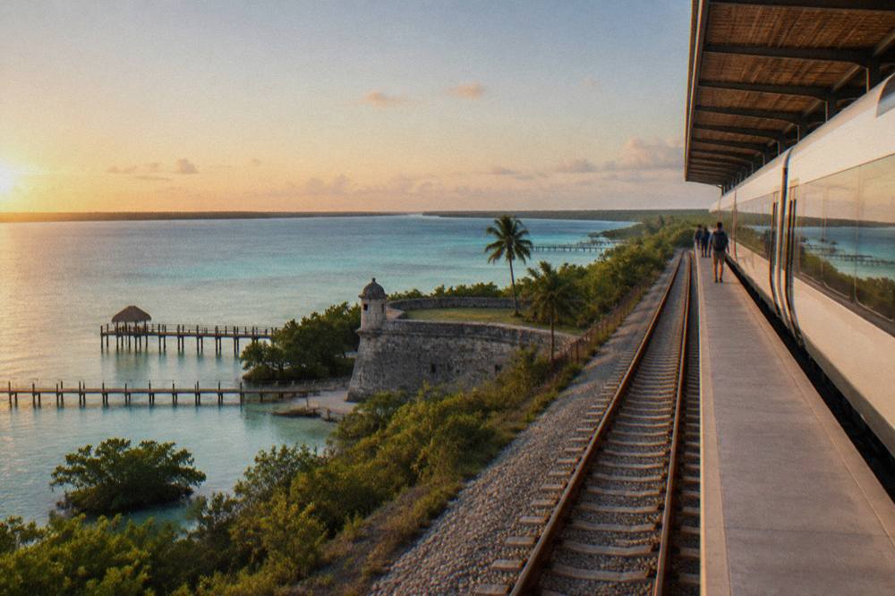 A long modern passenger train resting at an elevated station platform in warm morning light
