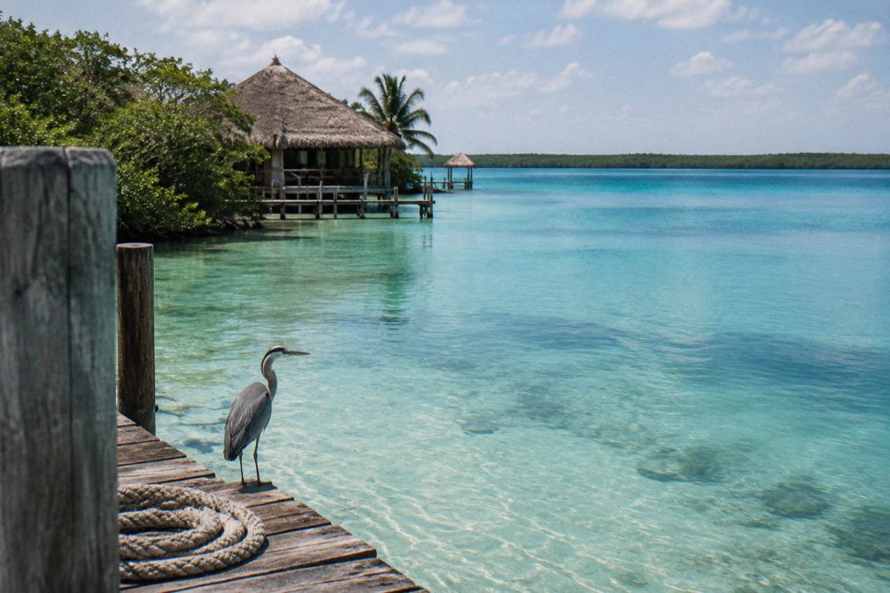 Quiet turquoise water of Bacalar Lagoon with a wooden dock reaching into shallow shallows under a bright sky