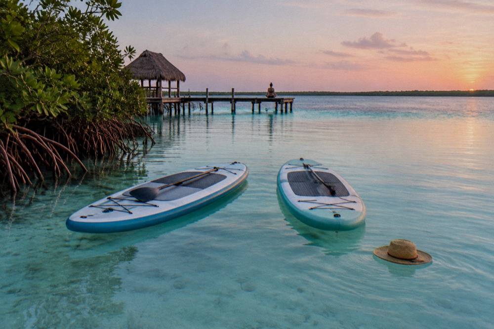 Paddleboards floating on glassy lagoon water at sunrise with soft pink light