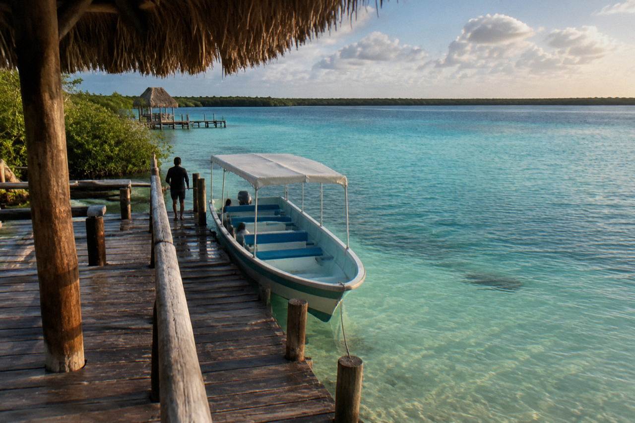Turquoise water of Bacalar Lagoon under a bright sky with a wooden dock