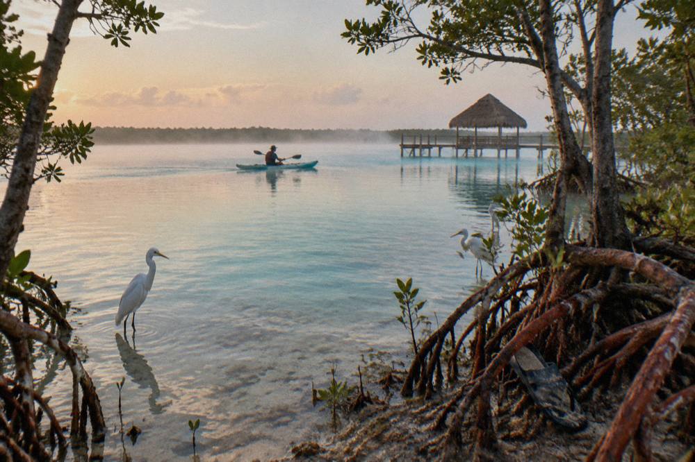 A single kayaker paddling across still turquoise water with mist over the surface at dawn