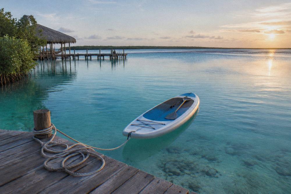 A paddleboard floating on glassy turquoise water at sunrise on Bacalar Lagoon