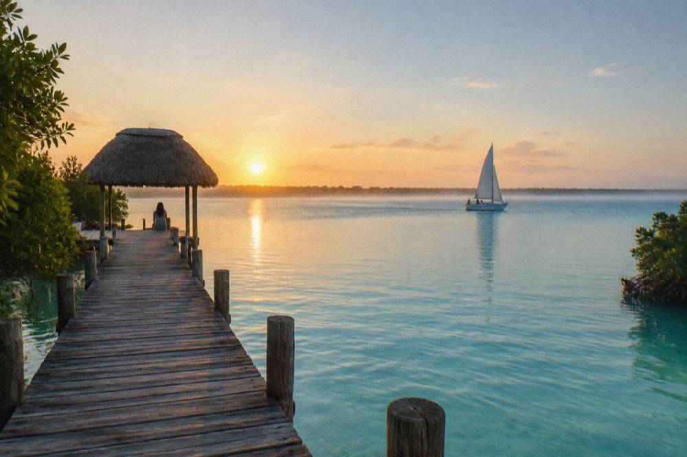 A sailboat gliding across calm blue-green water at sunrise on Bacalar Lagoon