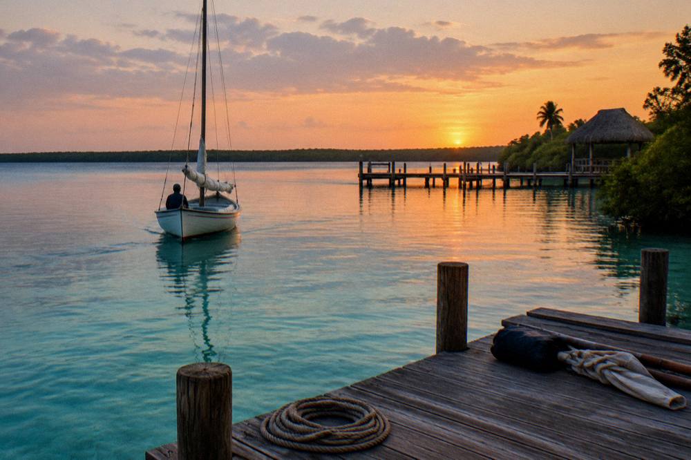 Warm evening light over a sailing boat returning to a pier on the lagoon
