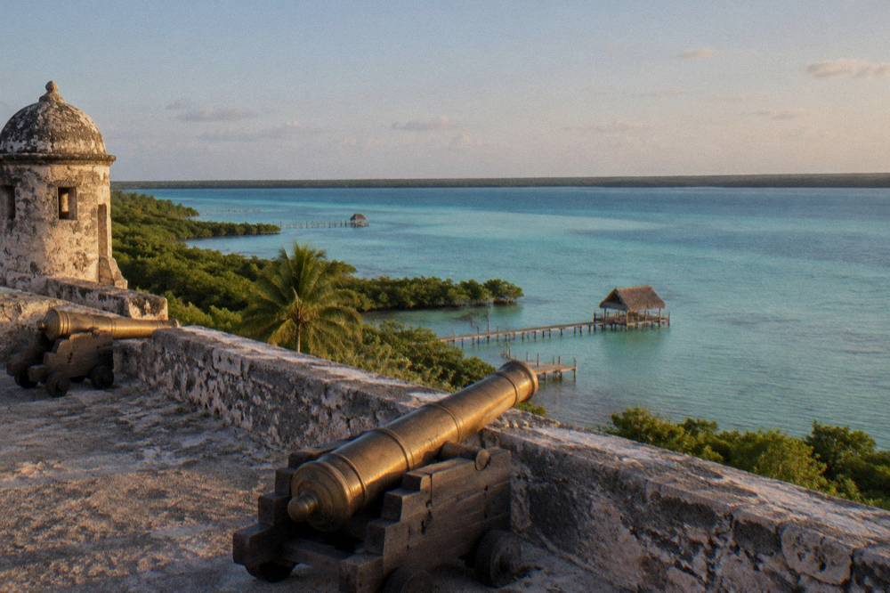 Wide view of the lagoon's blue bands of water fading toward a distant shoreline