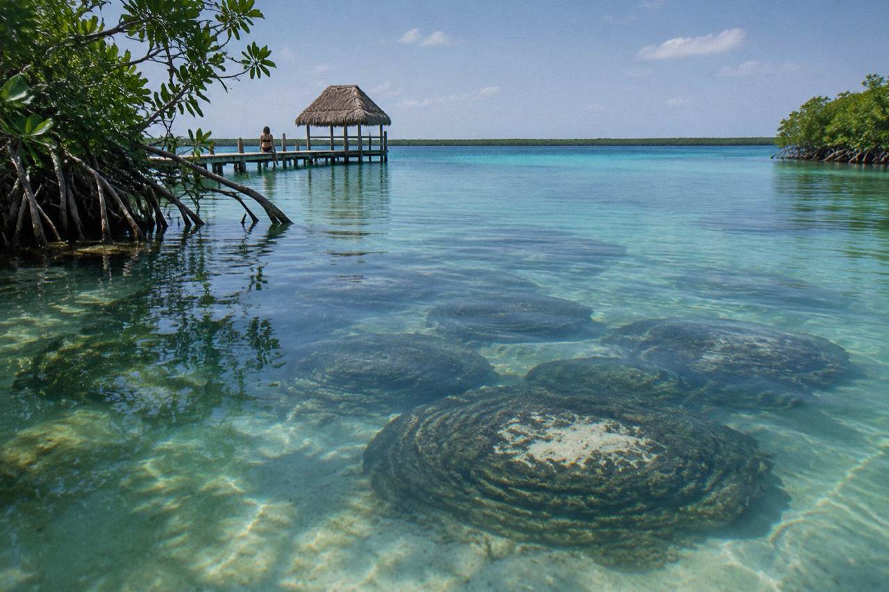 Close view of dark rounded stromatolite formations in shallow turquoise lagoon water