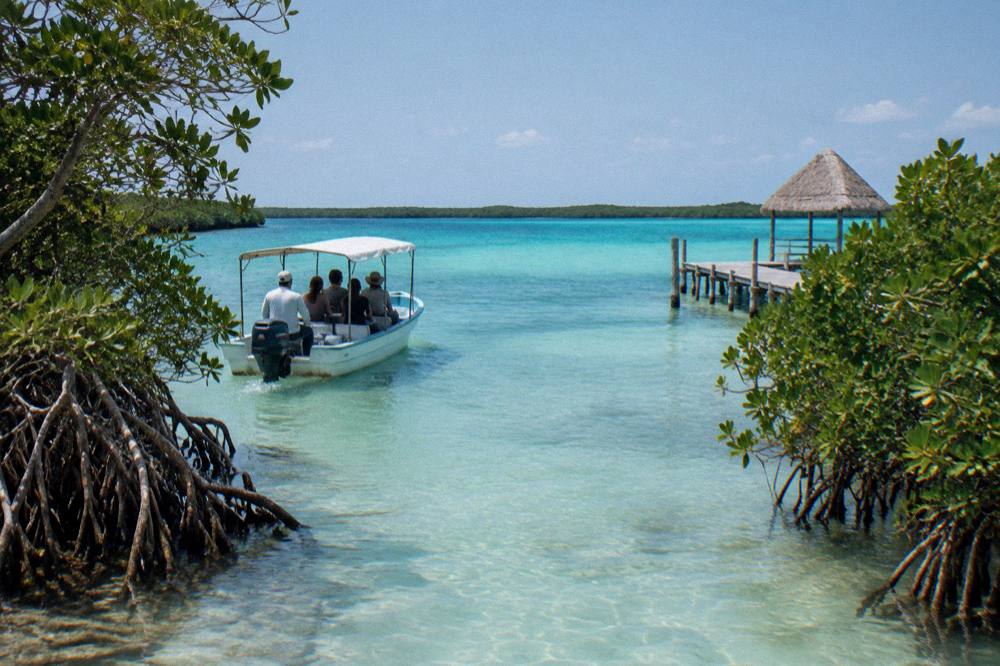 Small boat entering a narrow channel between mangroves on Bacalar Lagoon