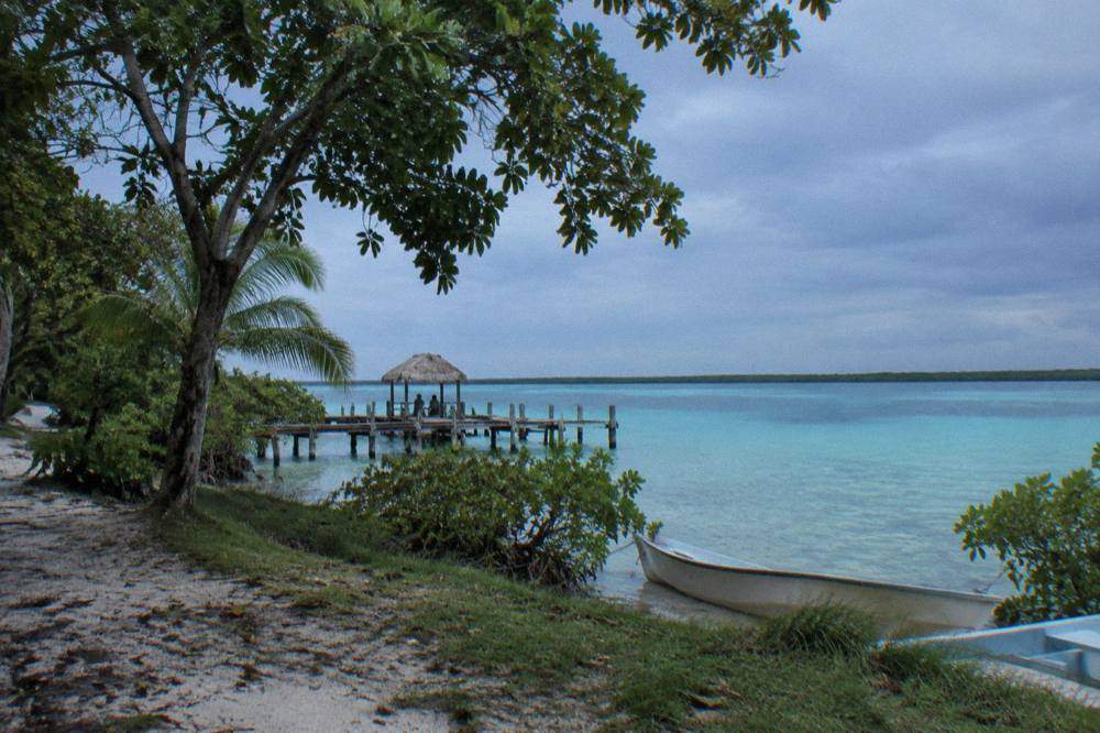 Wide view of Bacalar lagoon in blue tones seen from a public shoreline with grass and low trees