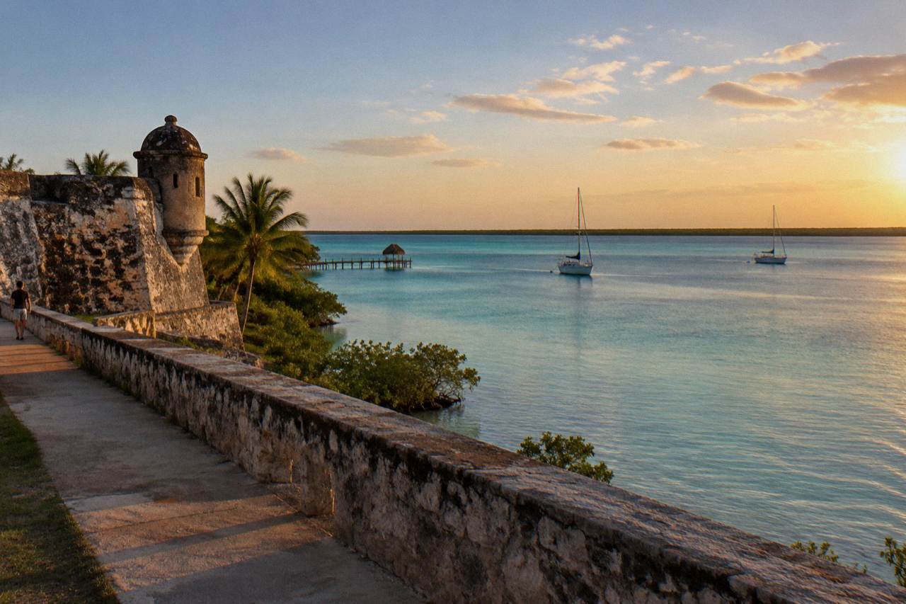 Quiet lakefront promenade along the Bacalar lagoon at golden hour with calm water and distant sailboats
