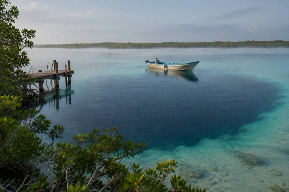 Boat floating over dark deep water of an in-lagoon cenote surrounded by pale turquoise shallows