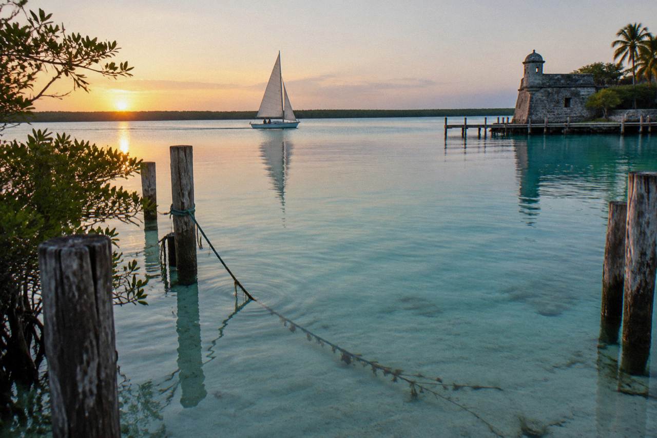 Sailboat crossing calm turquoise water on Bacalar lagoon under a pale morning sky
