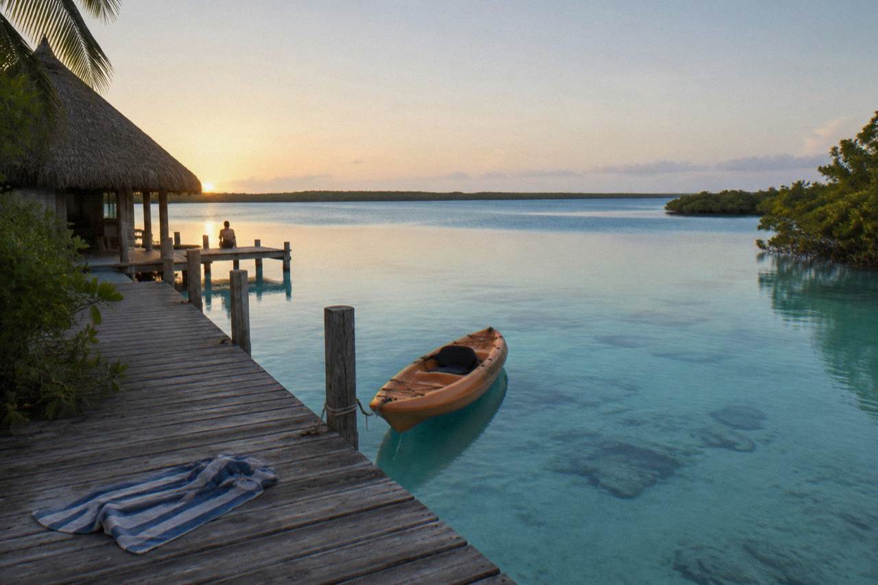 Wooden dock extending into calm turquoise lagoon water at first light