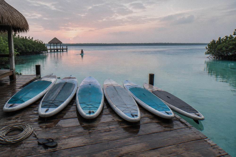 Paddleboards lined up on a wooden dock at dawn over still lagoon water
