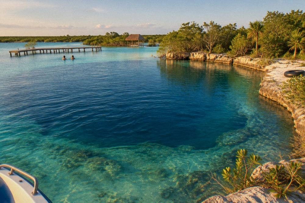Dark round cenote surrounded by green water seen from a passing boat