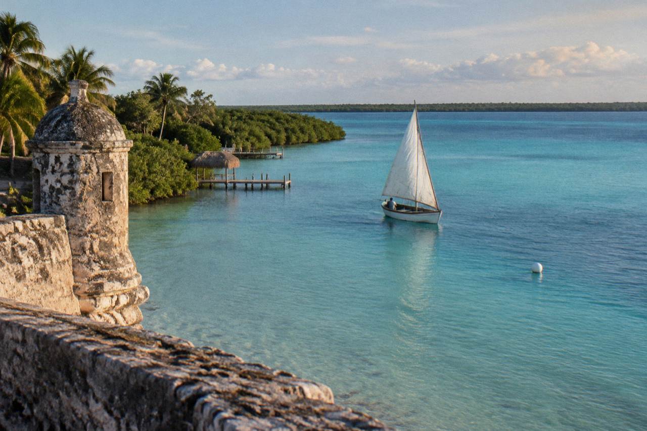 Sailboat crossing the clear turquoise water of Bacalar lagoon near tree-lined shore