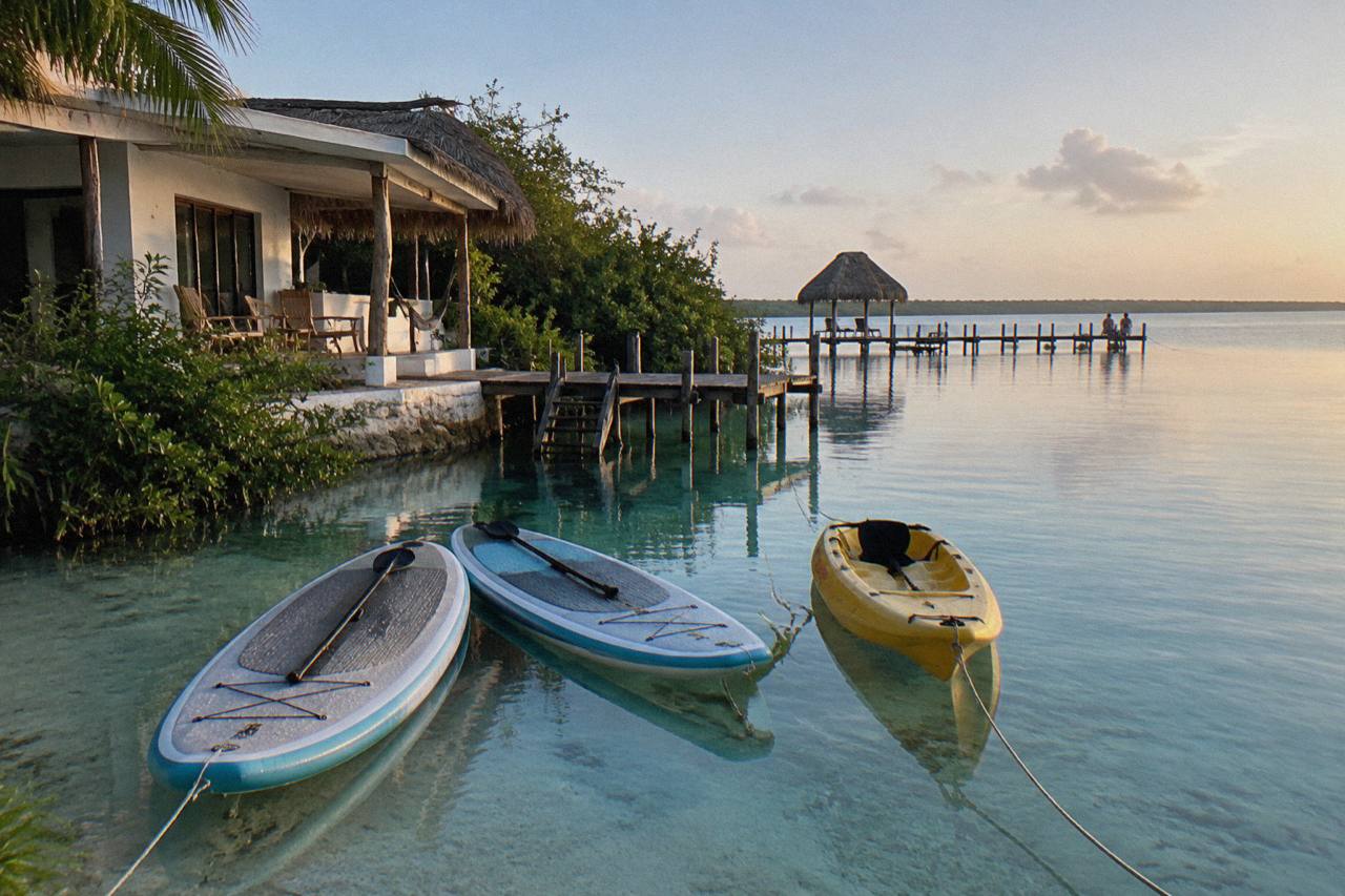 Paddleboards and kayaks on calm shallow water at Bacalar Lagoon